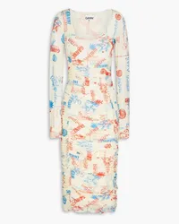 Ganni Ruched printed stretch-mesh midi dress - Neutral Neutral