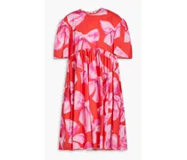 Gathered printed cotton-poplin dress - Red