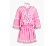 Martina gathered embroidered cotton and linen-blend mini dress - Pink