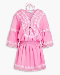 Melissa Odabash Martina gathered embroidered cotton and linen-blend mini dress - Pink Pink