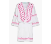 Martina gathered embroidered cotton and linen-blend mini dress - Pink