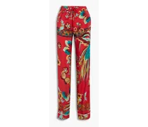 Floral-print silk-crepe straight-leg pants - Red