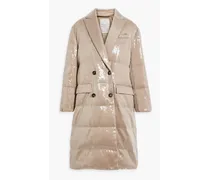 Double-breasted quilted sequined shell coat - Neutral