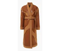 Belted patchwork snake-effect, faux leather and wool coat - Brown
