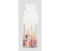 Ruffled laser-cut floral-print gauze gown - White
