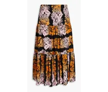 Gathered floral-print cotton-blend seersucker midi skirt - Black