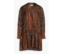 Gathered paisley-print silk-twill mini dress - Brown