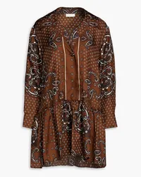 Sandro Gathered paisley-print silk-twill mini dress - Brown Brown