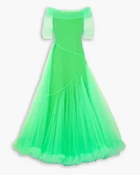 Molly Goddard Dexa off-the-shoulder ruffled neon tulle gown - Green Green