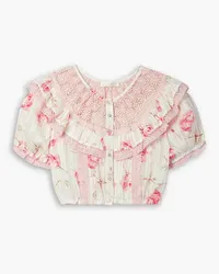 LoveShackFancy Elania cropped guipure lace-trimmed floral-print cotton-voile top - Pink Pink