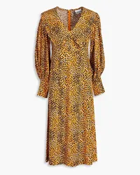 Ganni Ruffled leopard-print crepe midi dress - Yellow Yellow