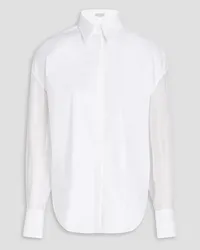 Brunello Cucinelli Embellished silk chiffon-paneled cotton-blend poplin shirt - White White