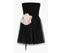 Strapless floral-appliquéd printed tulle and crepe mini dress - Black