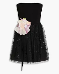 RED Valentino Strapless floral-appliquéd printed tulle and crepe mini dress - Black Black