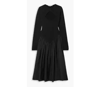 Cutout stretch-knit and gathered silk-satin midi dress - Black