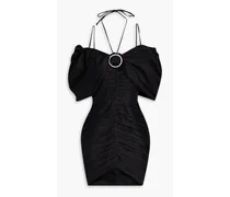 Cold-shoulder embellished ruched linen-blend mini dress - Black