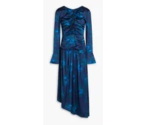 Ruched floral-print stretch-silk satin midi dress - Blue