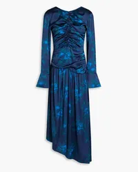 Ganni Ruched floral-print stretch-silk satin midi dress - Blue Blue