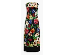 Strapless faille-paneled floral-print silk-blend satin midi dress - Black