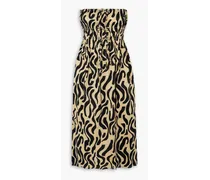 Contessa strapless shirred printed linen midi dress - Neutral