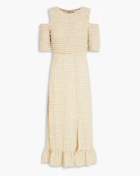 Ganni Cold-shoulder gingham seersucker midi dress - Neutral Neutral