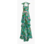 Tiered floral-print silk-chiffon halterneck gown - Green