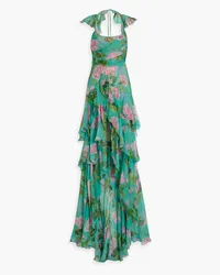 Oscar de la Renta Tiered floral-print silk-chiffon halterneck gown - Green Green