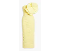 Evana strapless appliquéd plissé-crepe midi dress - Yellow