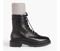 Ribbed-knit trimmed leather combat boots - Black