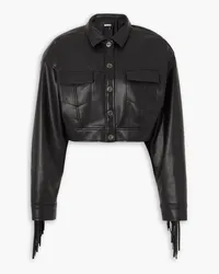 ROTATE Birger Christensen Barrie cropped fringed faux leather jacket - Black Black