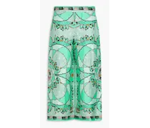 Cropped printed silk-twill wide-leg pants - Green