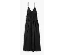 Tie-detailed shirred cotton-poplin maxi dress - Black