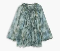 Gathered floral-print silk-chiffon blouse - Blue