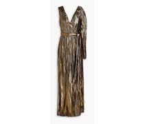 One-sleeve pleated silk-blend lamé wrap gown - Metallic