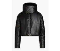 Padded pebbled-leather hooded jacket - Black