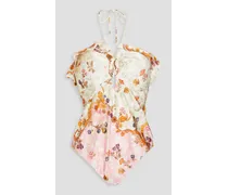 Ruffled floral-print halterneck swimsuit - White