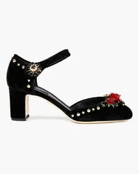 Dolce & Gabbana Vally floral-appliquéd studded velvet Mary Jane pumps - Black Black