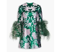 Feather-trimmed metallic silk-jacquard mini dress - Green