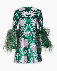 Valentino Garavani Feather-trimmed metallic silk-jacquard mini dress - Green Green