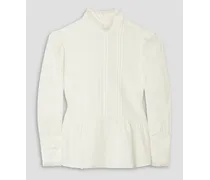 Lace-trimmed cotton-blend jacquard peplum blouse - White