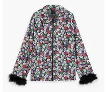 Feather-trimmed floral-print shell jacket - Purple