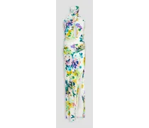Catalina draped floral-print silk-satin halterneck gown - White
