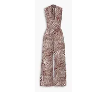 Vacanza zebra-print crinkled linen-blend halterneck jumpsuit - Brown