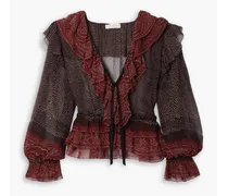 Vivian ruffled printed silk-crepon blouse - Burgundy
