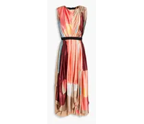 Belted printed silk-satin midi dress - Neutral