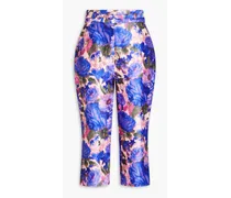 Belted copped floral-print silk-satin tapered pants - Purple