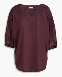 Brunello Cucinelli Bead-embellished linen and silk-blend jersey T-shirt - Burgundy Burgundy