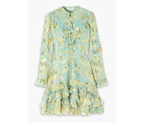 Ruffled metallic floral-jacquard silk-chiffon mini dress - Blue