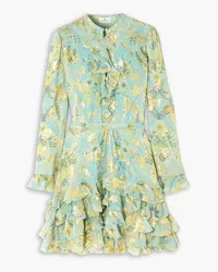 Etro Ruffled metallic floral-jacquard silk-chiffon mini dress - Blue Blue