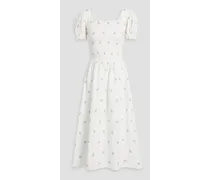 Belle shirred floral-print linen midi dress - White